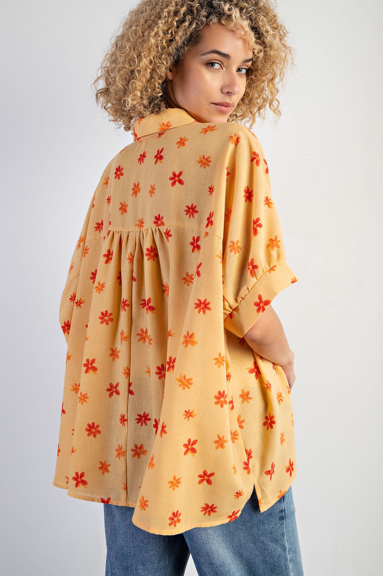 Easel Plus Flower Print Poly Linen Button Down Shirt Tops