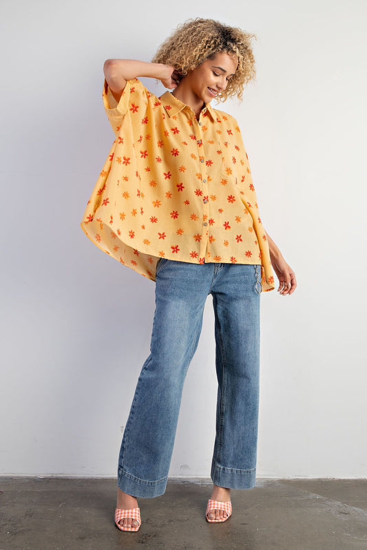 Easel Plus Flower Print Poly Linen Button Down Shirt Tops