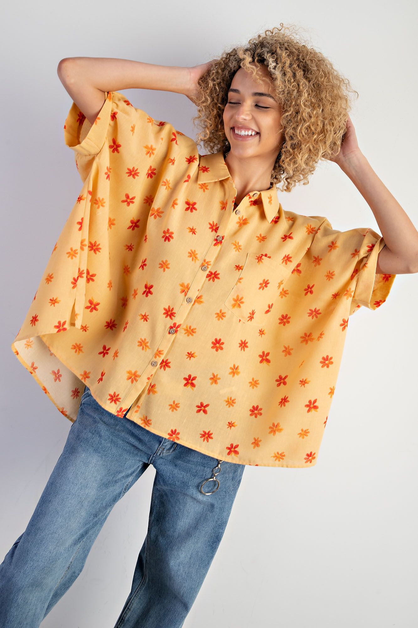 Easel Plus Flower Print Poly Linen Button Down Shirt Tops