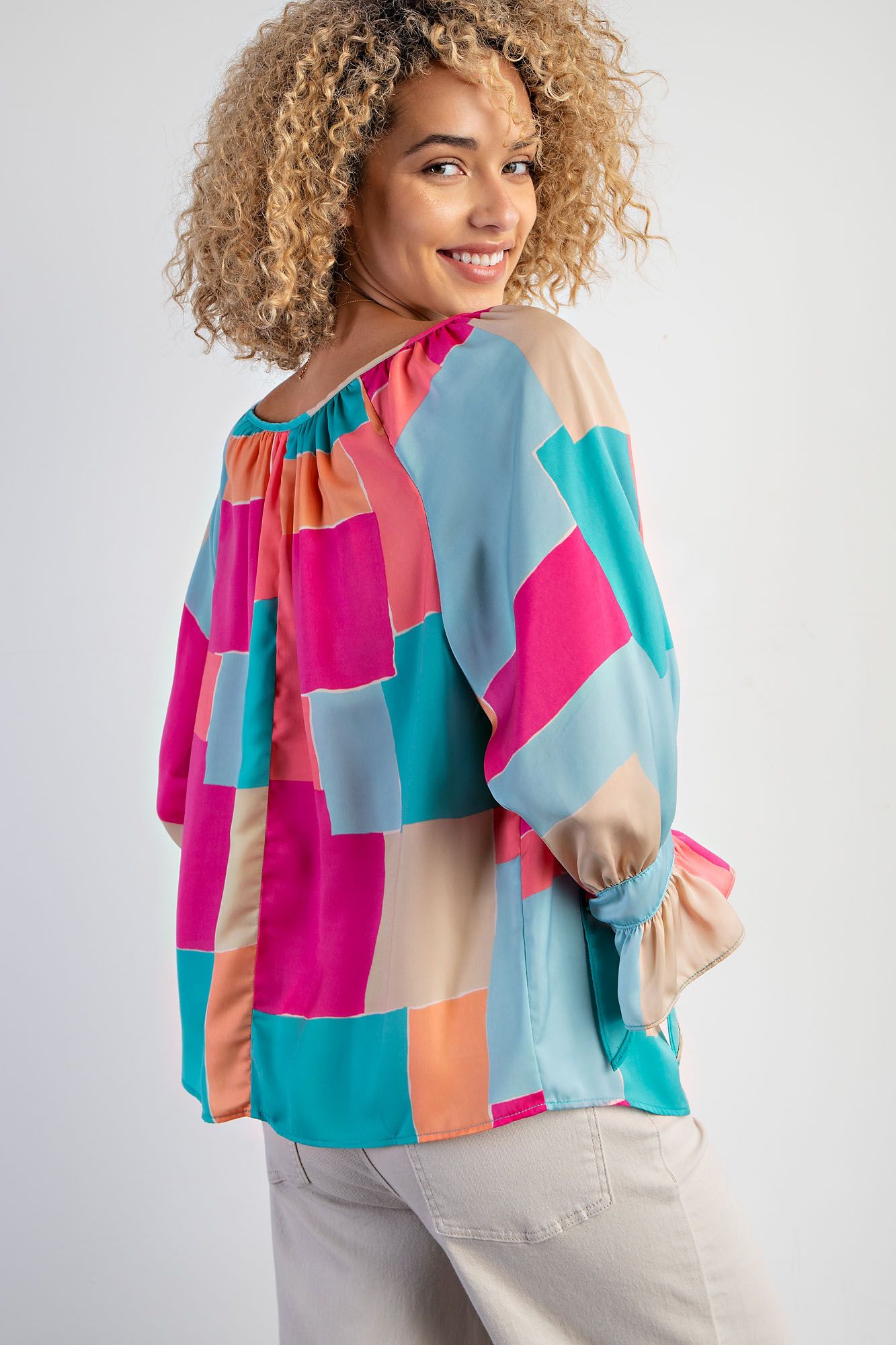 Easel Plus Geo Print Mirabelle Satin Blouse Tops
