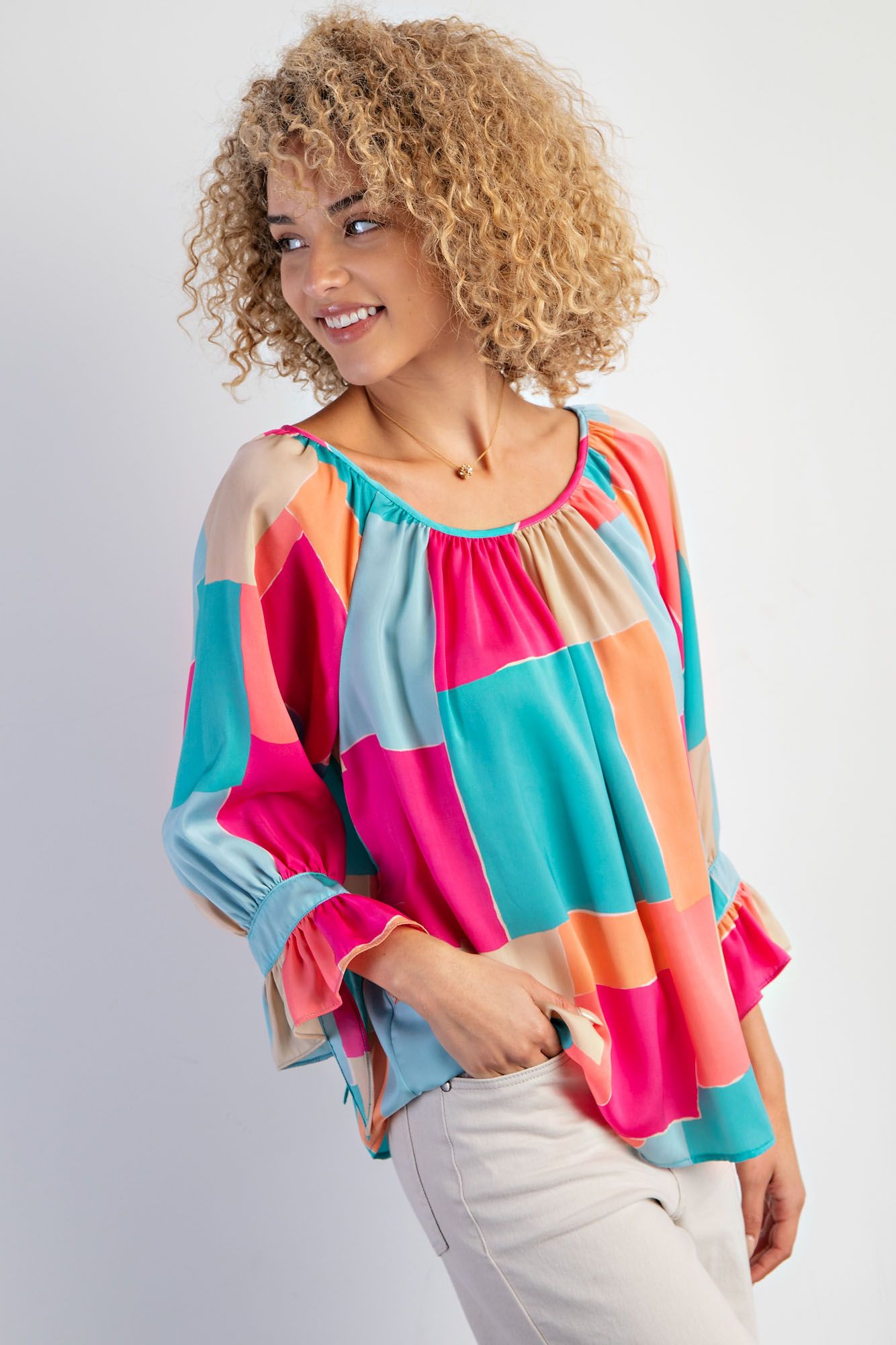 Easel Plus Geo Print Mirabelle Satin Blouse Tops