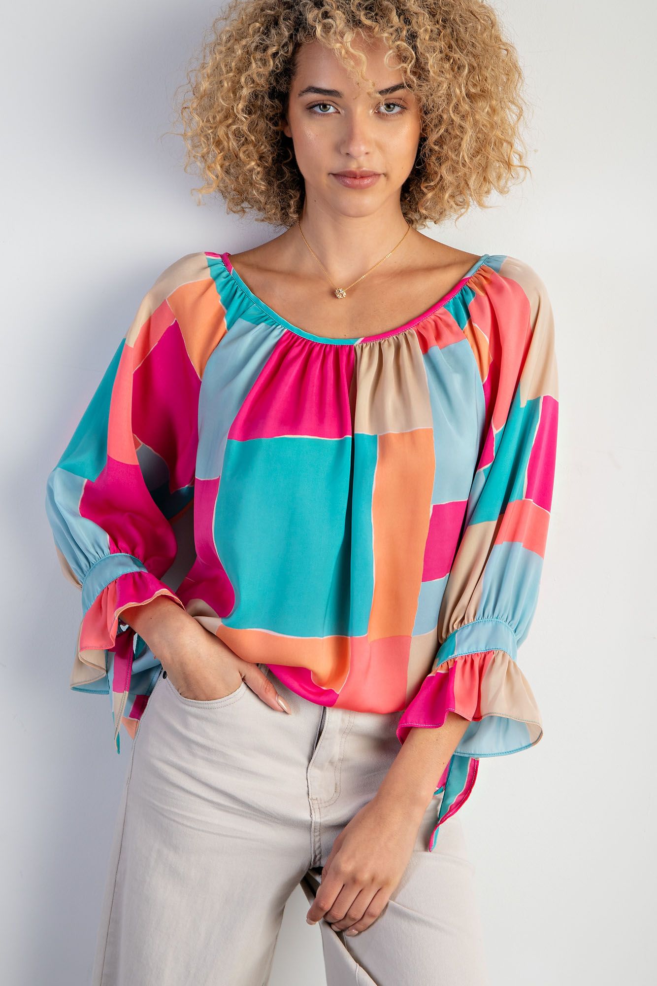 Easel Plus Geo Print Mirabelle Satin Blouse Tops