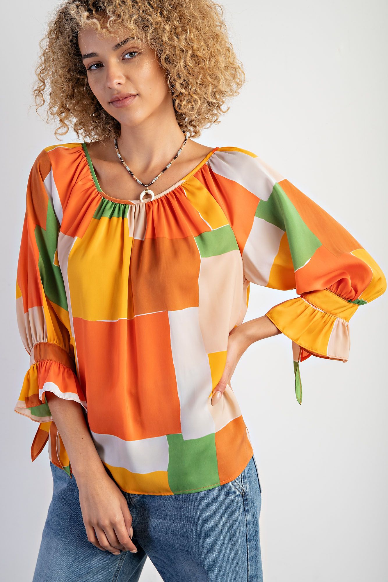 Easel Plus Geo Print Mirabelle Satin Blouse Tops