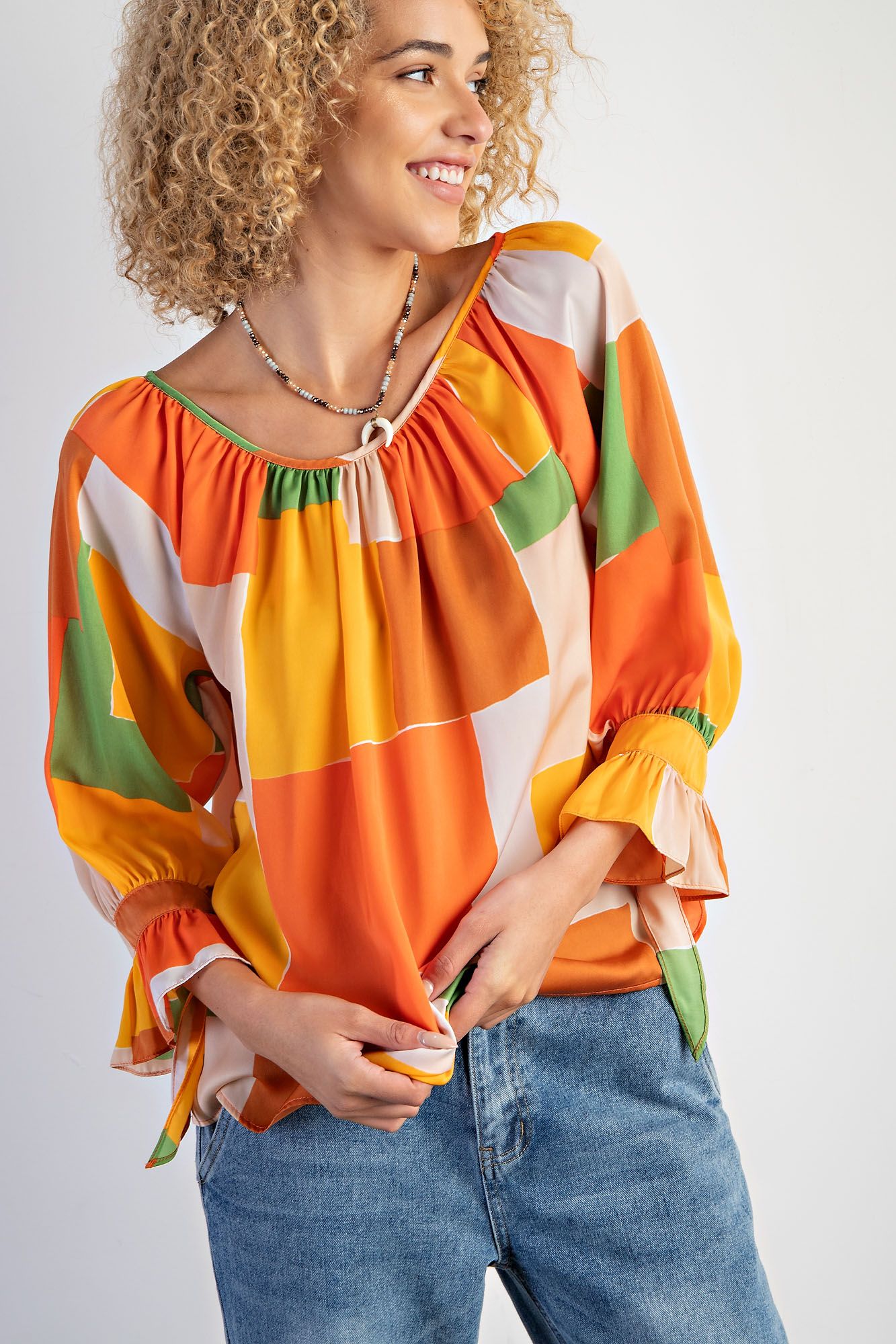 Easel Plus Geo Print Mirabelle Satin Blouse Tops