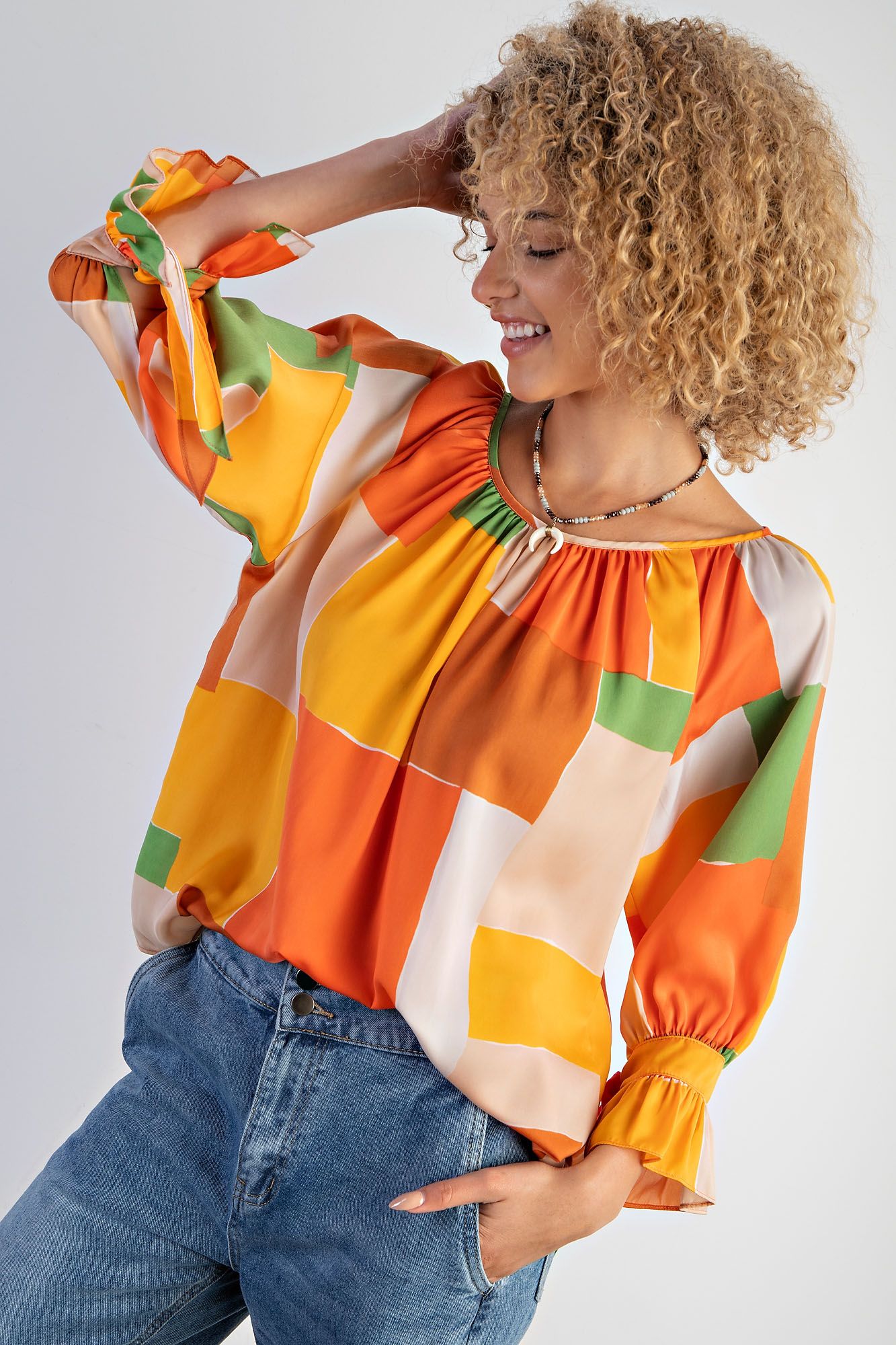 Easel Plus Geo Print Mirabelle Satin Blouse Tops