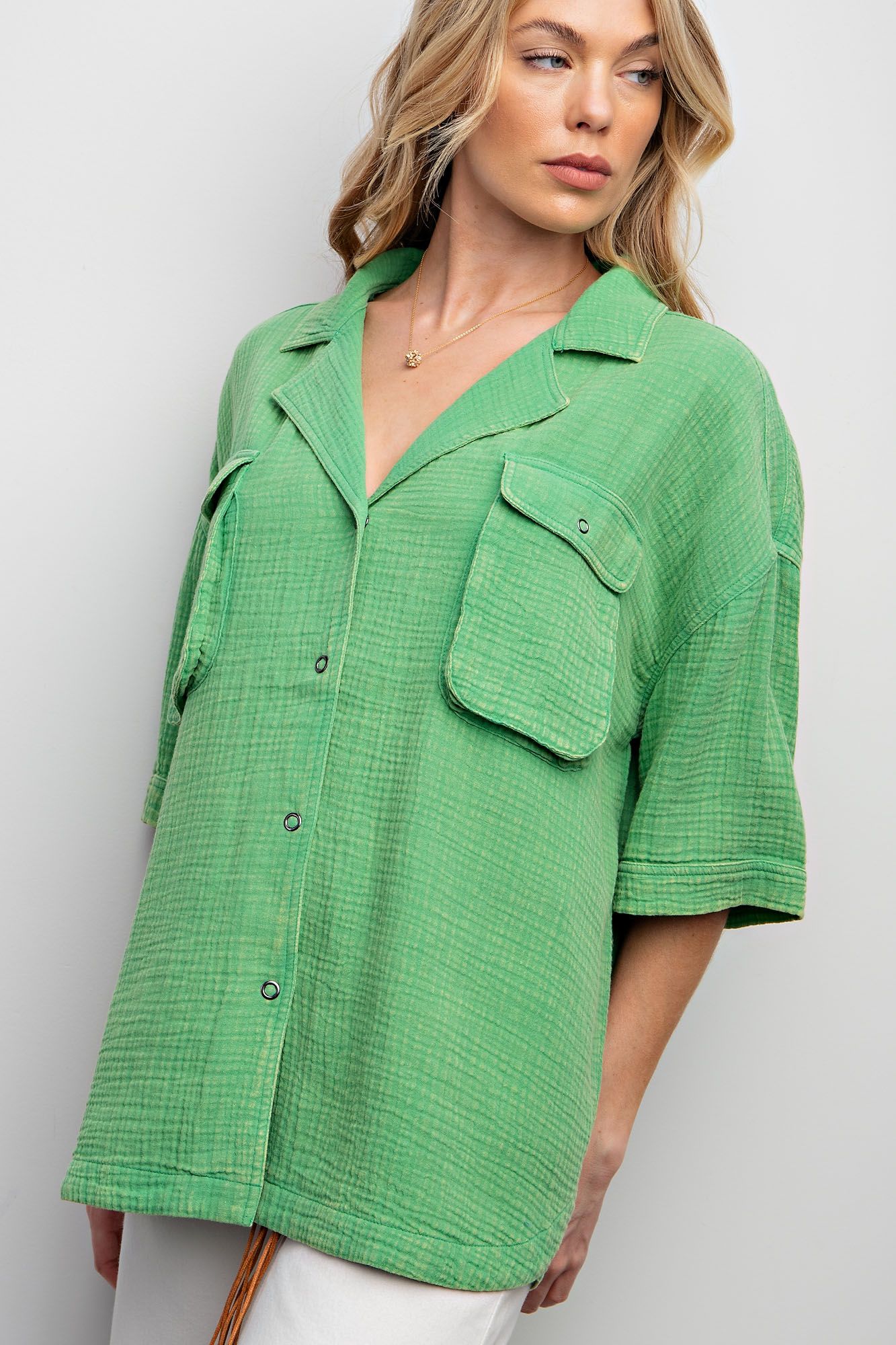 Easel Plus Mineral Washed Gauze High Low Hem Shirt Tops