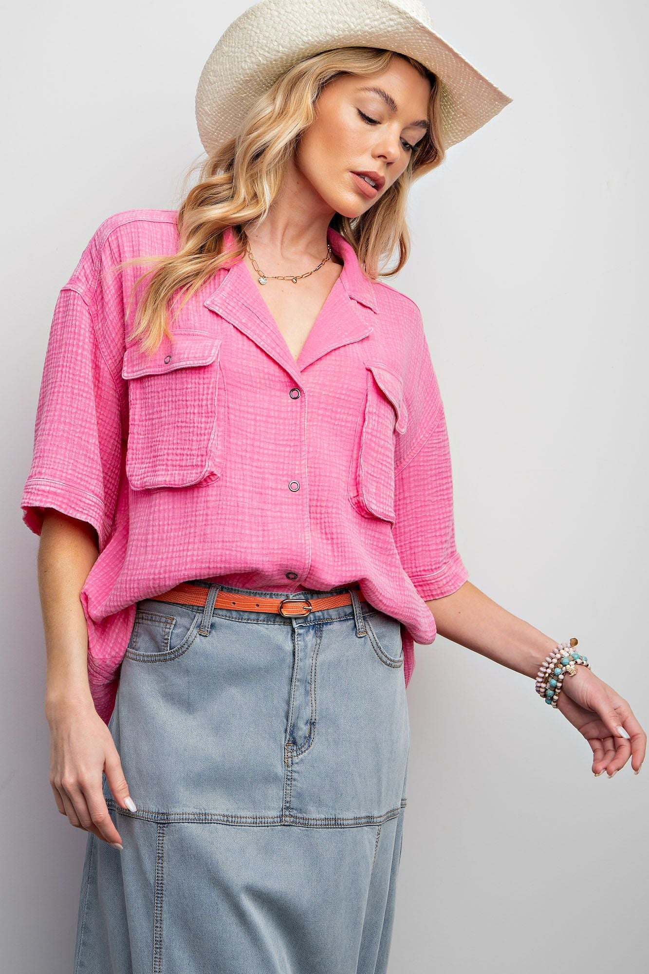 Easel Plus Mineral Washed Gauze High Low Hem Shirt Tops