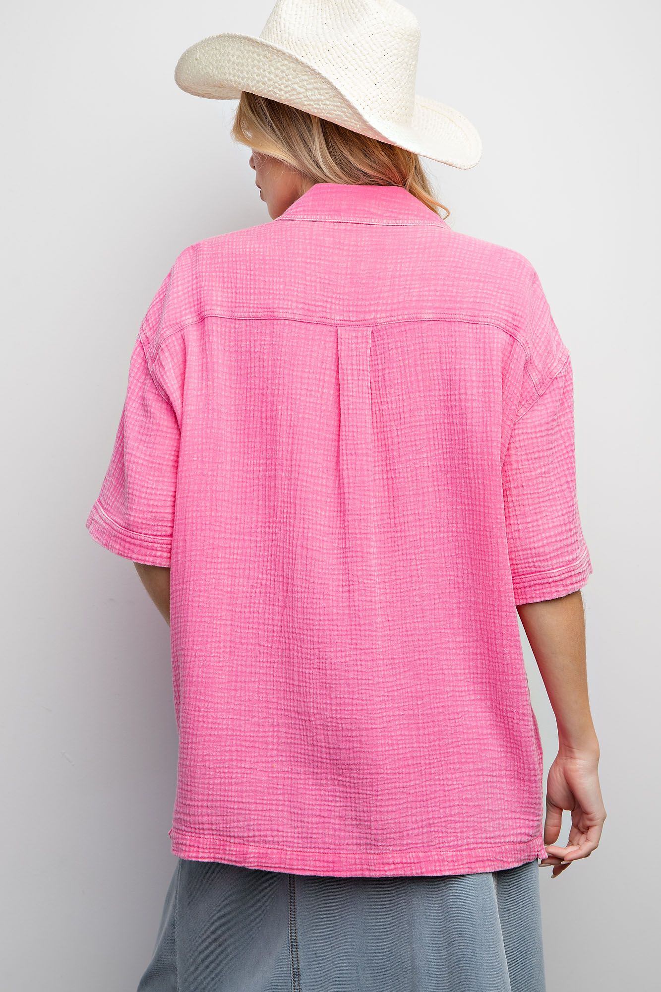 Easel Plus Mineral Washed Gauze High Low Hem Shirt Tops