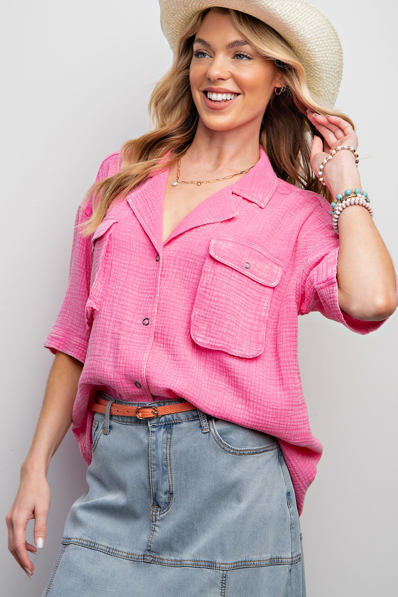 Easel Plus Mineral Washed Gauze High Low Hem Shirt Tops