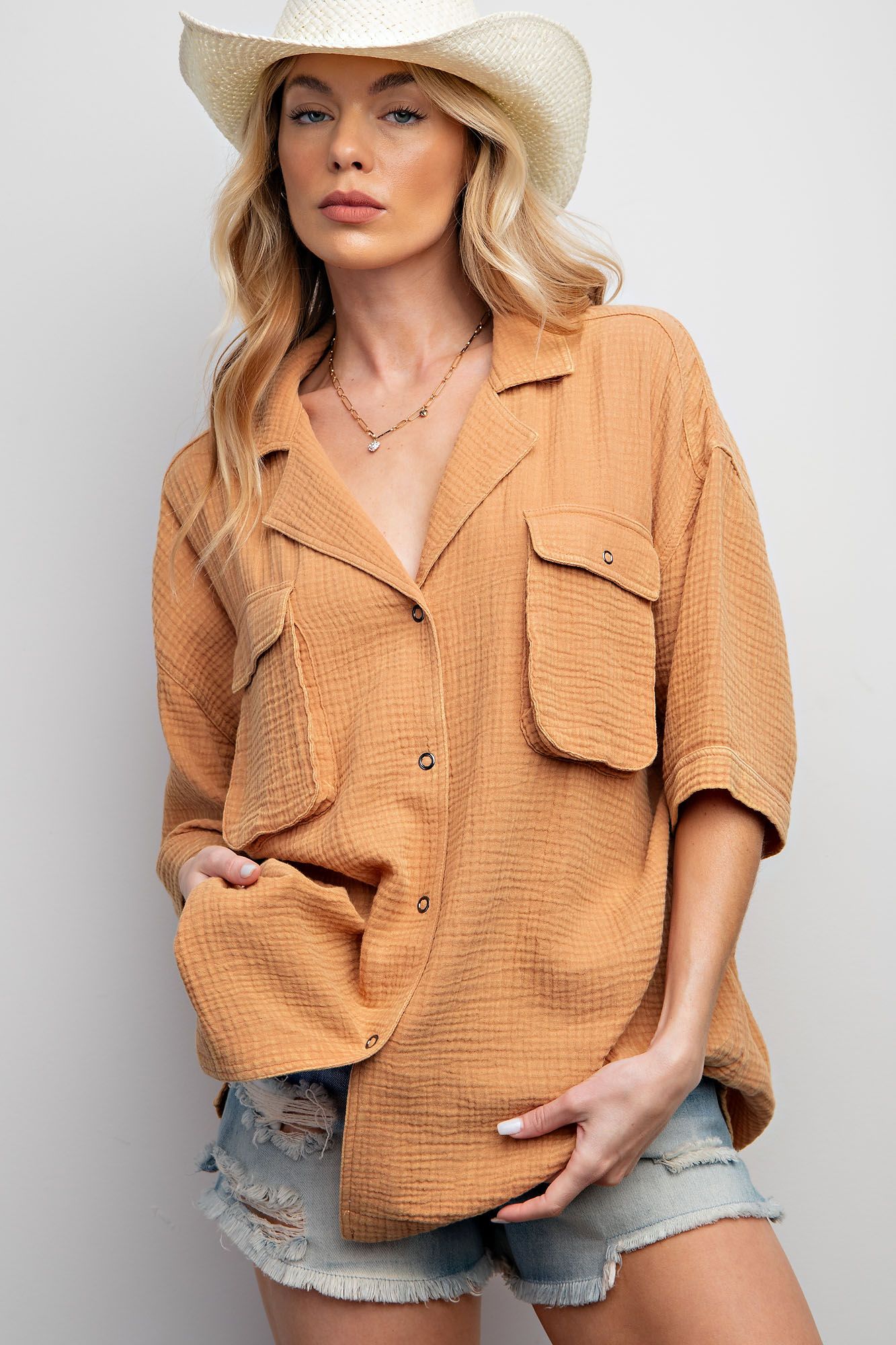 Easel Plus Mineral Washed Gauze High Low Hem Shirt Tops