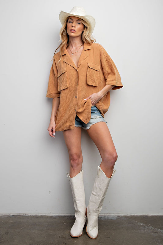 Easel Plus Mineral Washed Gauze High Low Hem Shirt Tops