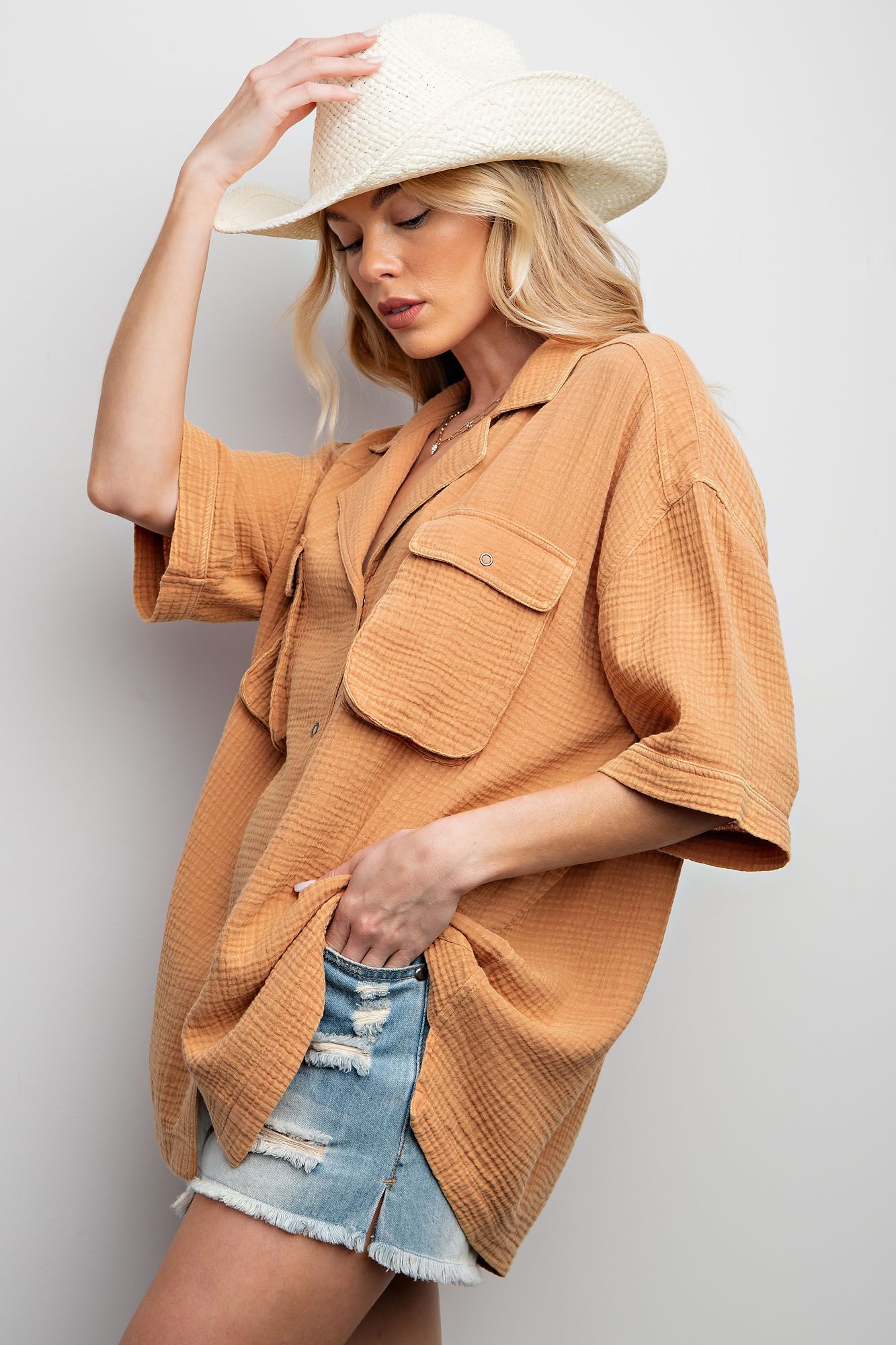 Easel Plus Mineral Washed Gauze High Low Hem Shirt Tops
