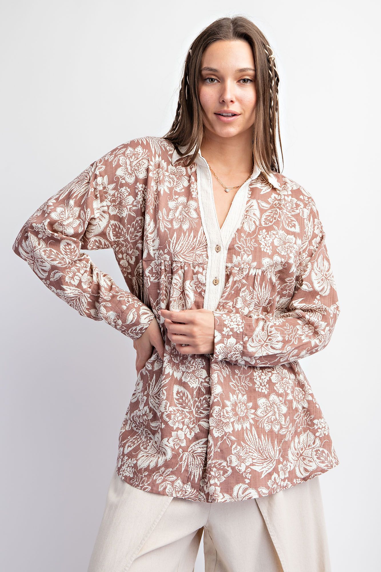 Easel Plus Ls Printed Cotton Voile Button Down Shirt Tops