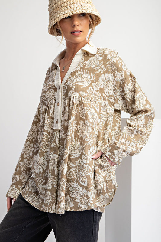 Easel Plus Printed Cotton Voile Button Down Shirt Tops