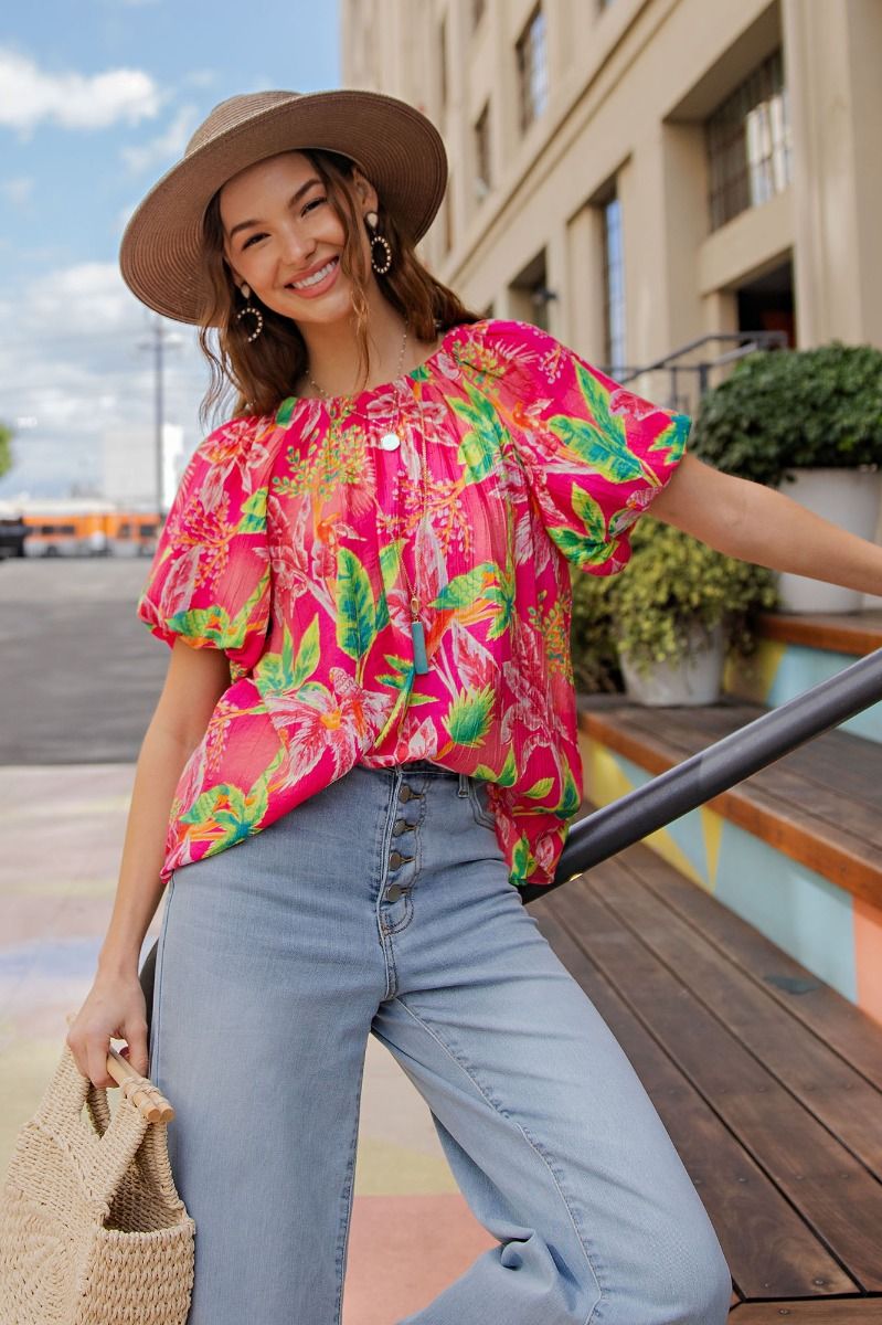 Easel Plus Tropical Palm Tree Printed Peach Blossom Woven Tops