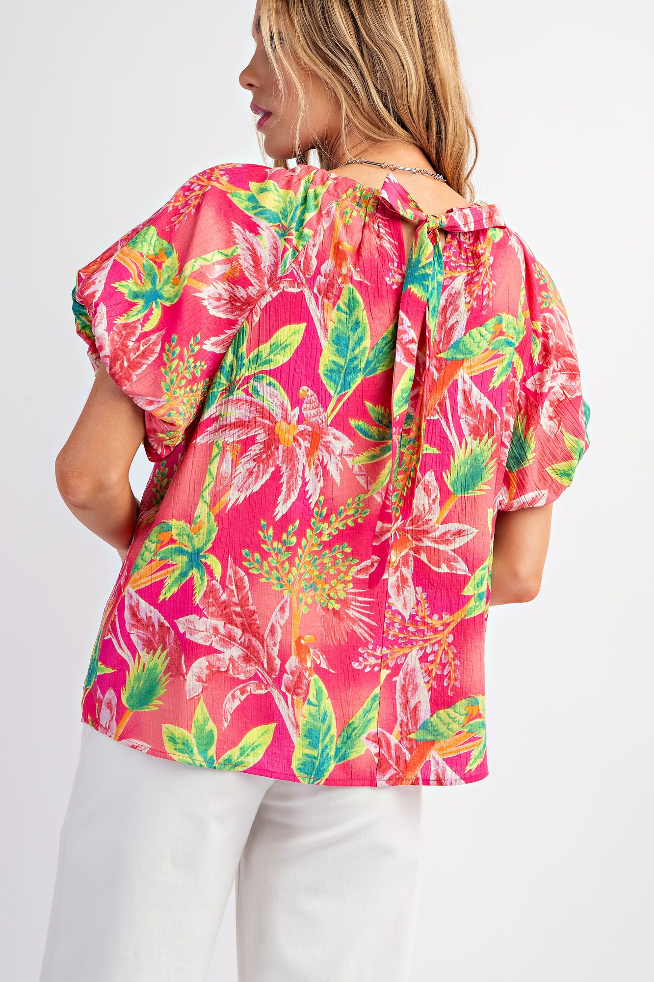Easel Plus Tropical Palm Tree Printed Peach Blossom Woven Tops