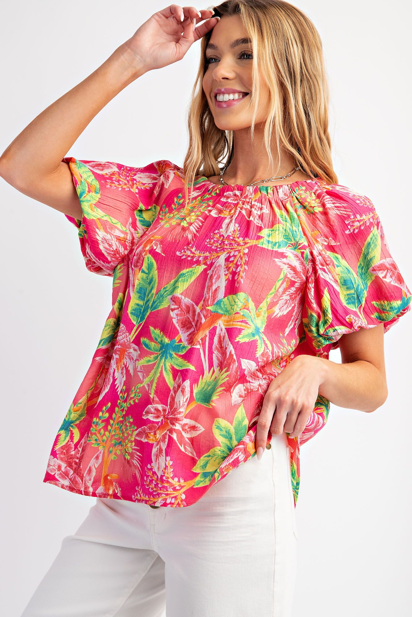 Easel Plus Tropical Palm Tree Printed Peach Blossom Woven Tops