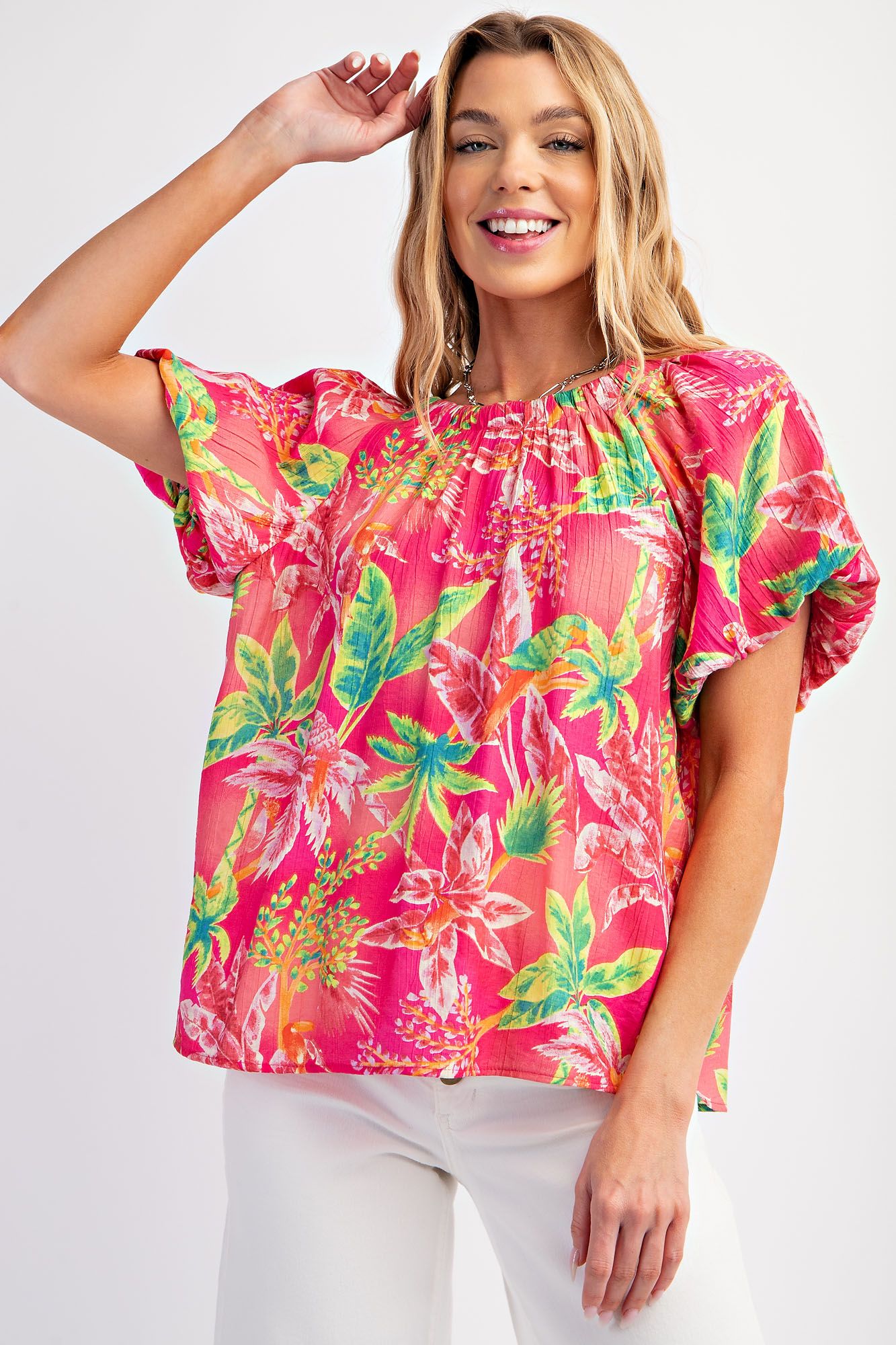 Easel Plus Tropical Palm Tree Printed Peach Blossom Woven Tops