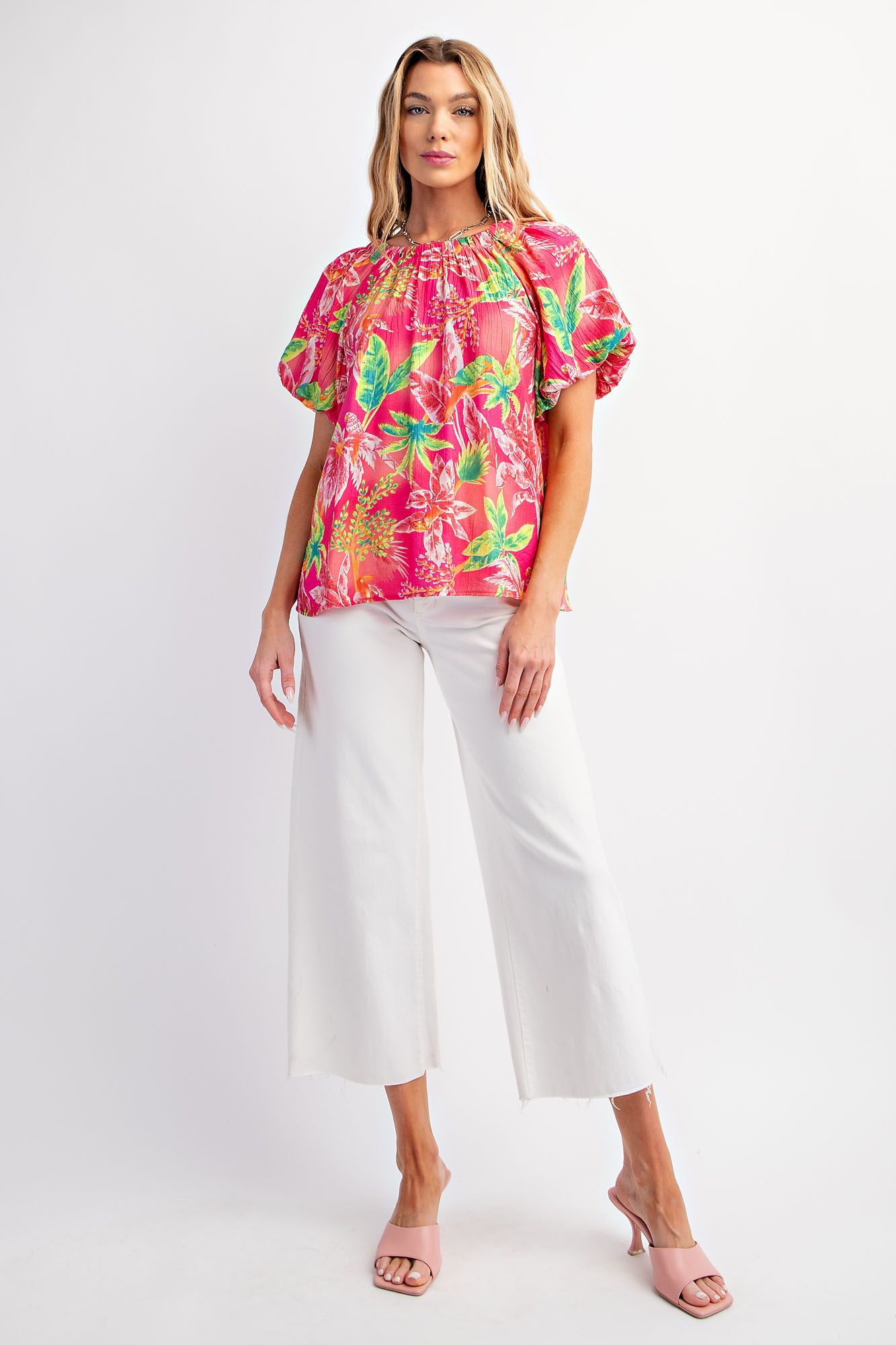 Easel Plus Tropical Palm Tree Printed Peach Blossom Woven Tops