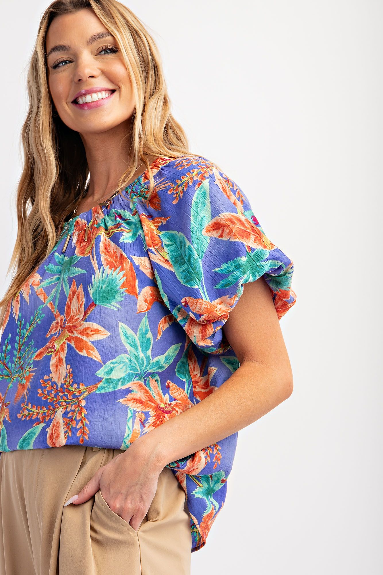 Easel Plus Tropical Palm Tree Printed Peach Blossom Woven Tops