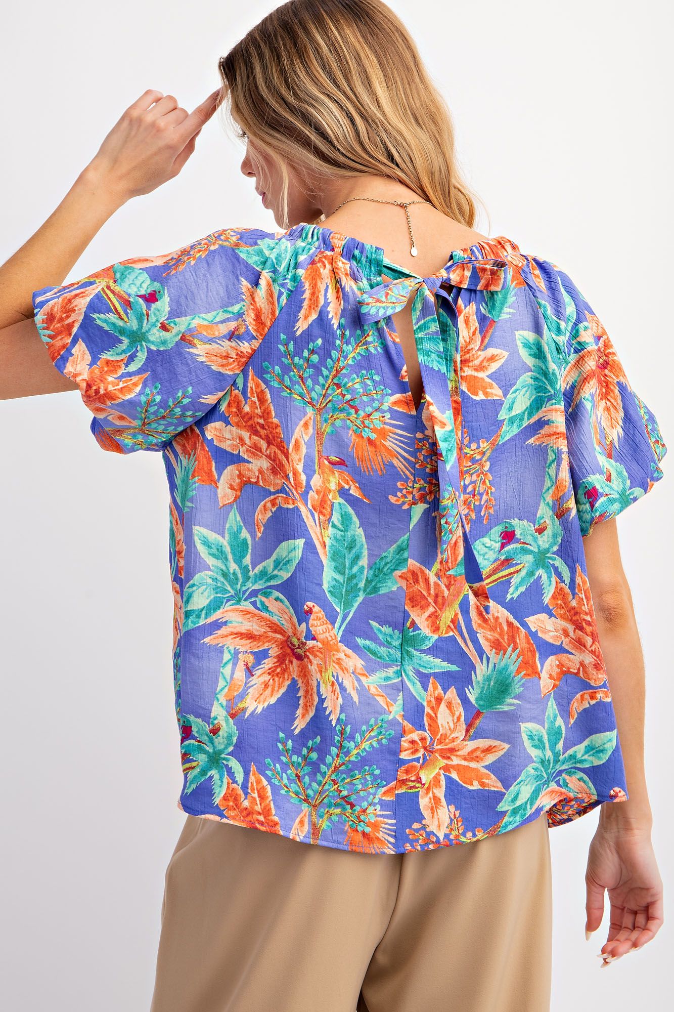 Easel Plus Tropical Palm Tree Printed Peach Blossom Woven Tops