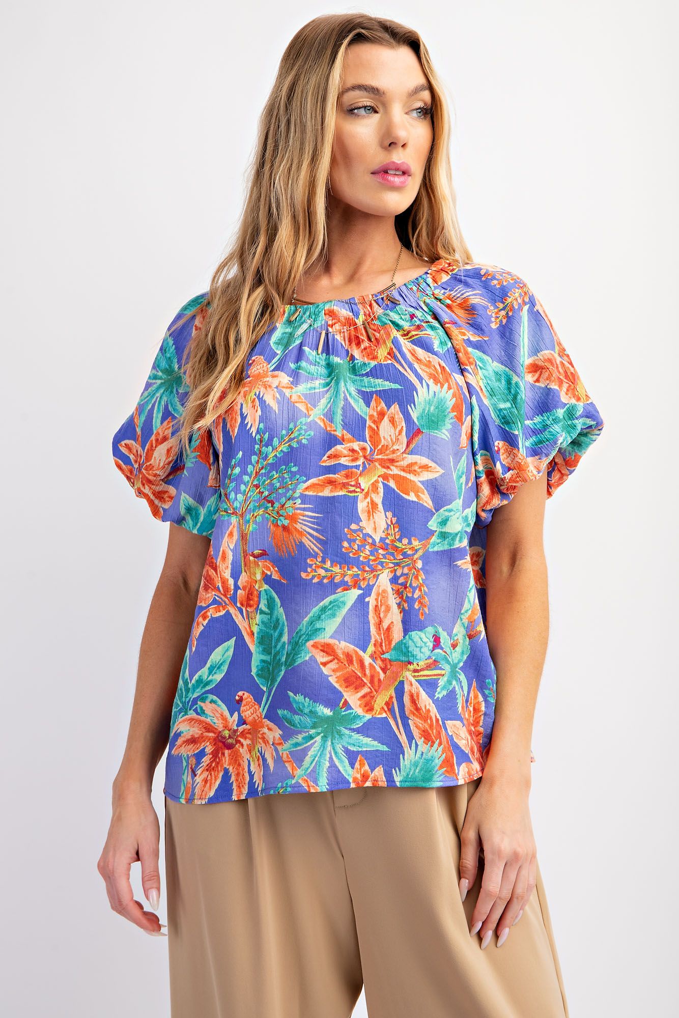 Easel Plus Tropical Palm Tree Printed Peach Blossom Woven Tops