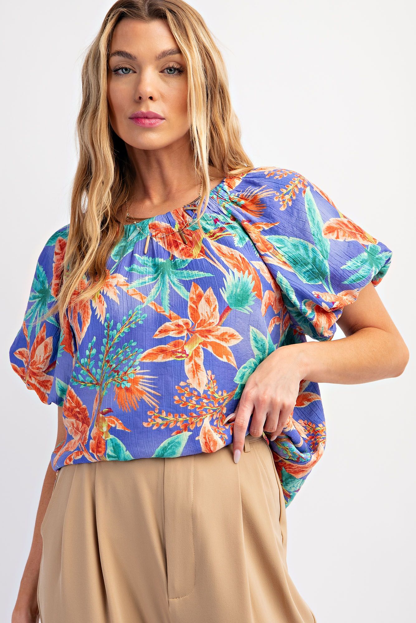 Easel Plus Tropical Palm Tree Printed Peach Blossom Woven Tops