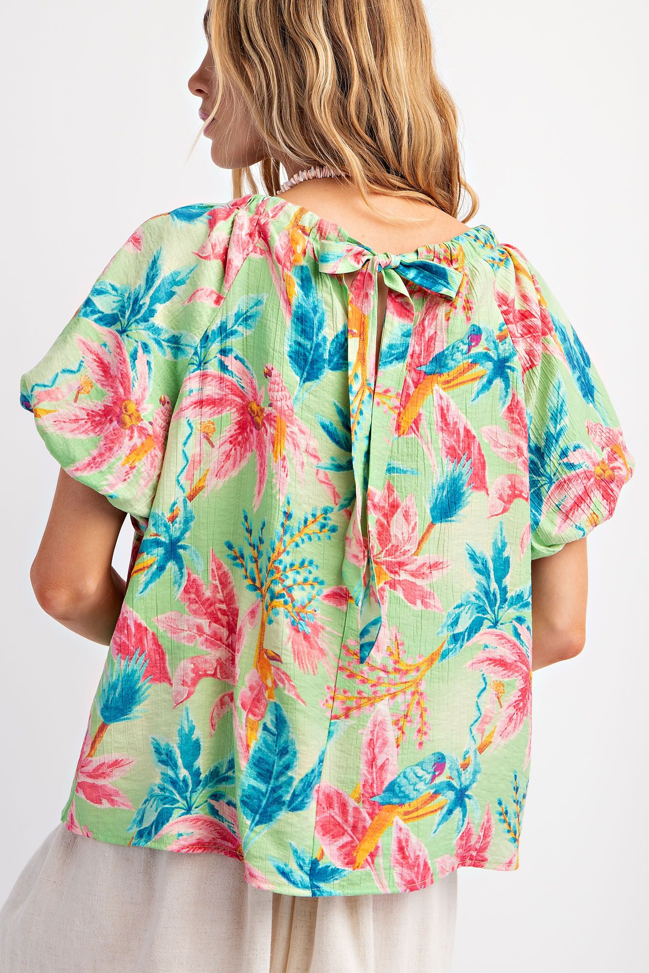 Easel Plus Tropical Palm Tree Printed Peach Blossom Woven Tops