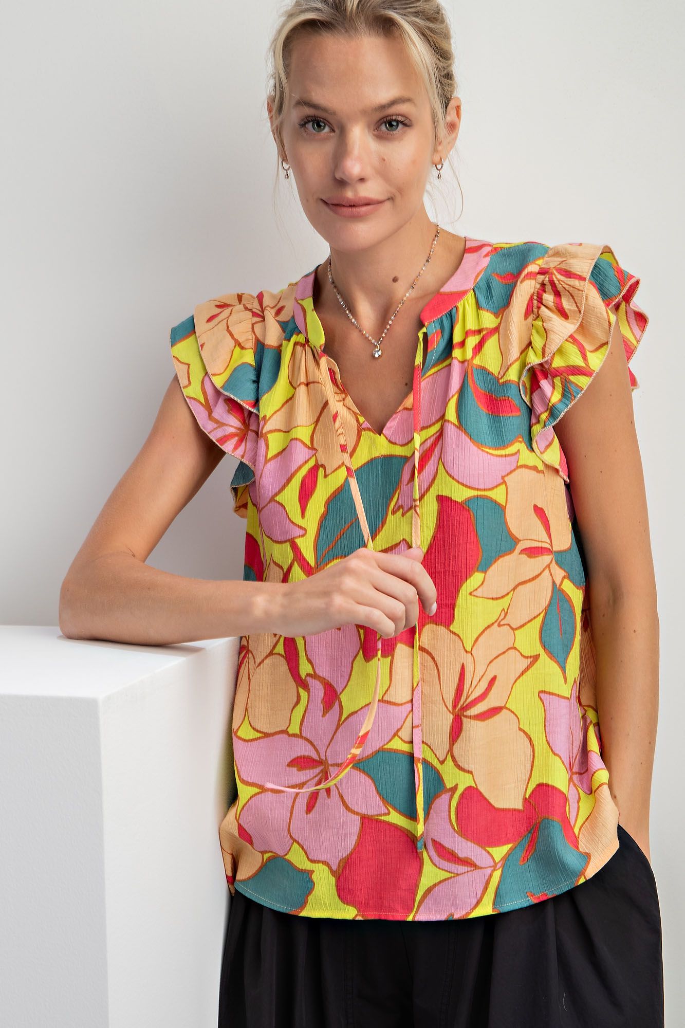 Easel Plus Printed Peach Blossom Double Ruffle Cap Sleeve Tops