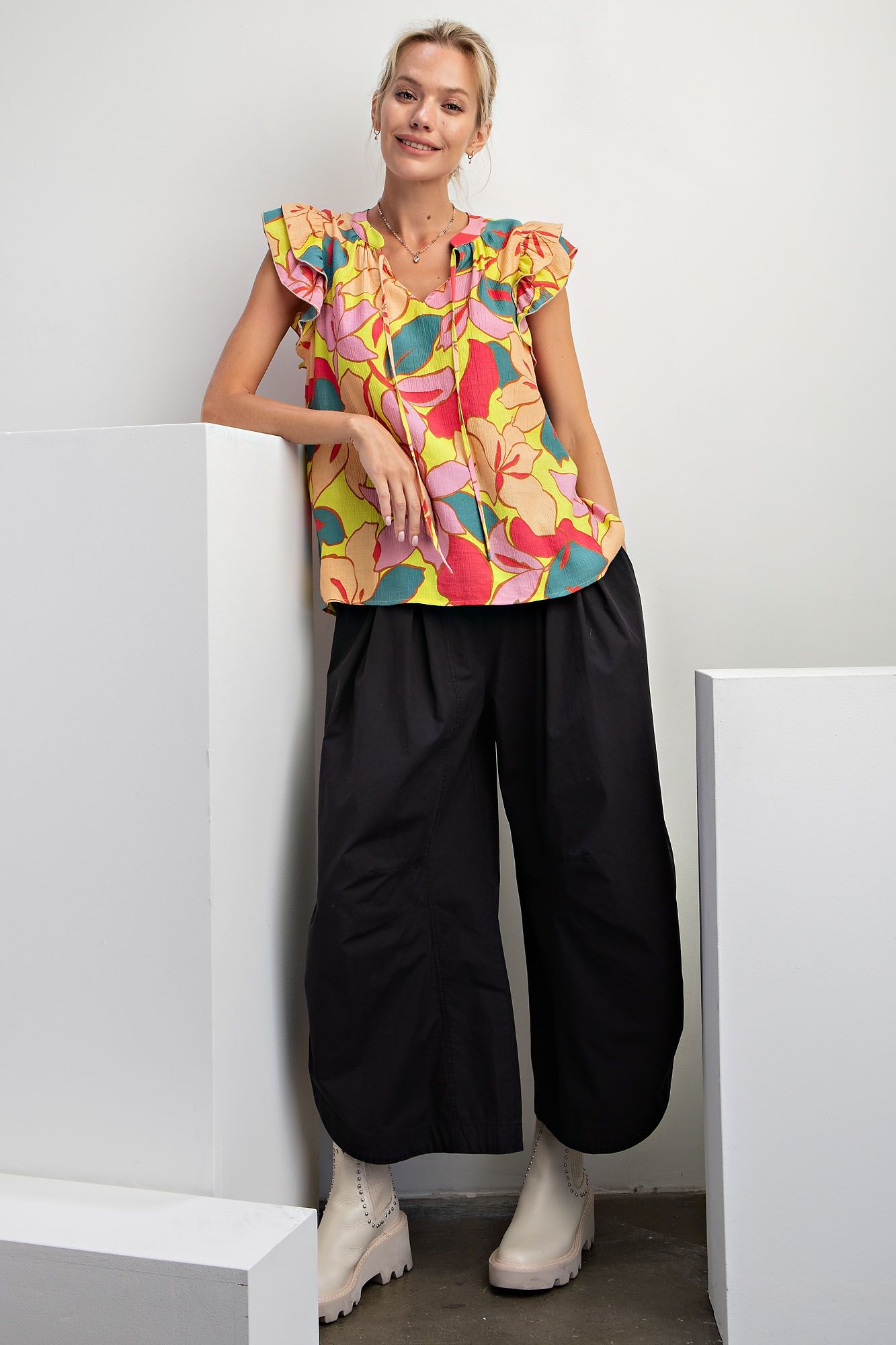 Easel Plus Printed Peach Blossom Double Ruffle Cap Sleeve Tops