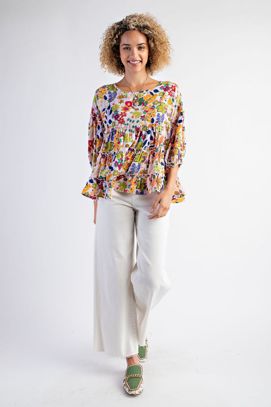 Easel Plus Tropical Print Wool Peach Ruffled Babydoll Tops