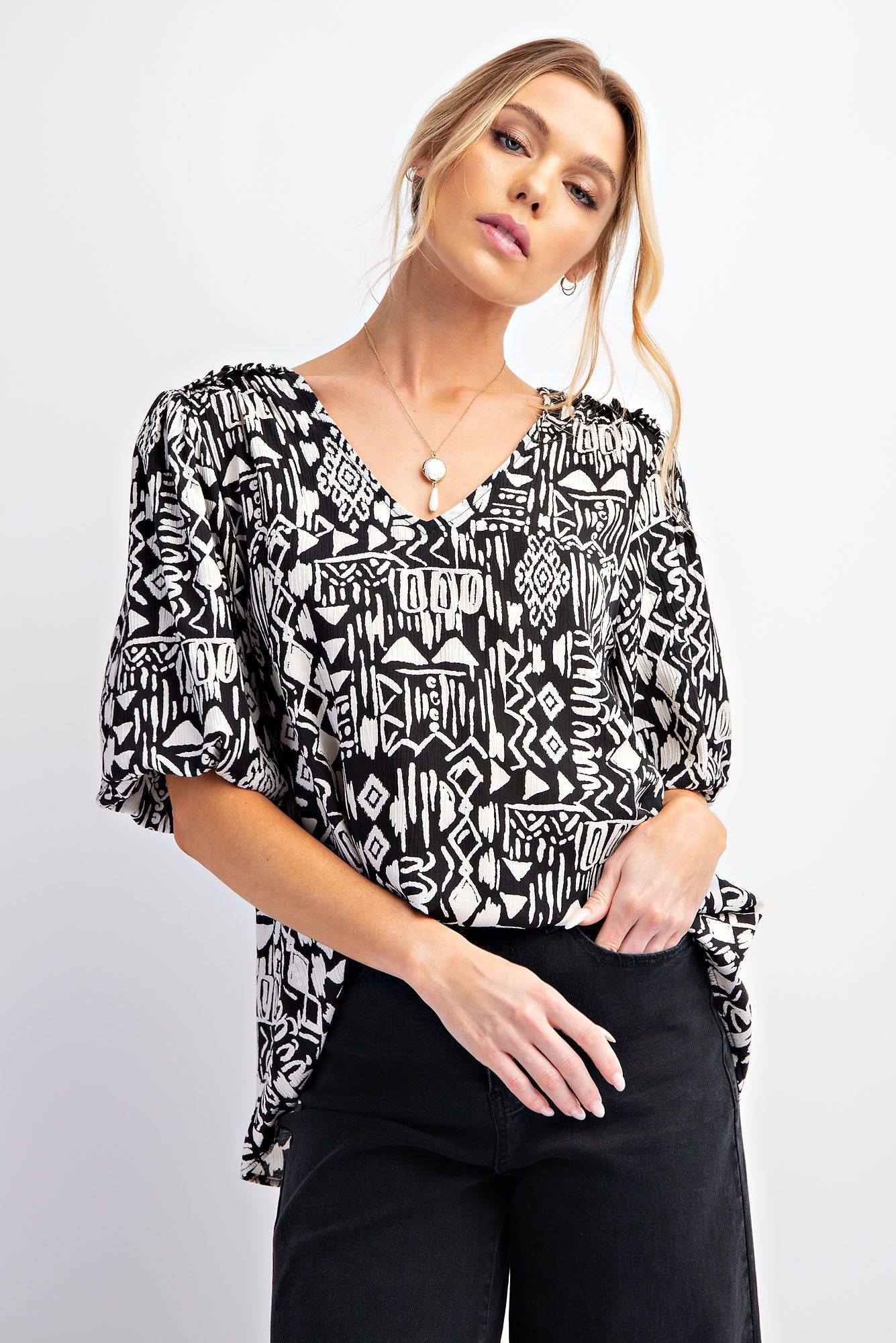 Easel Plus Ethnic Print Peach Blossom Babydoll V Neck Tops