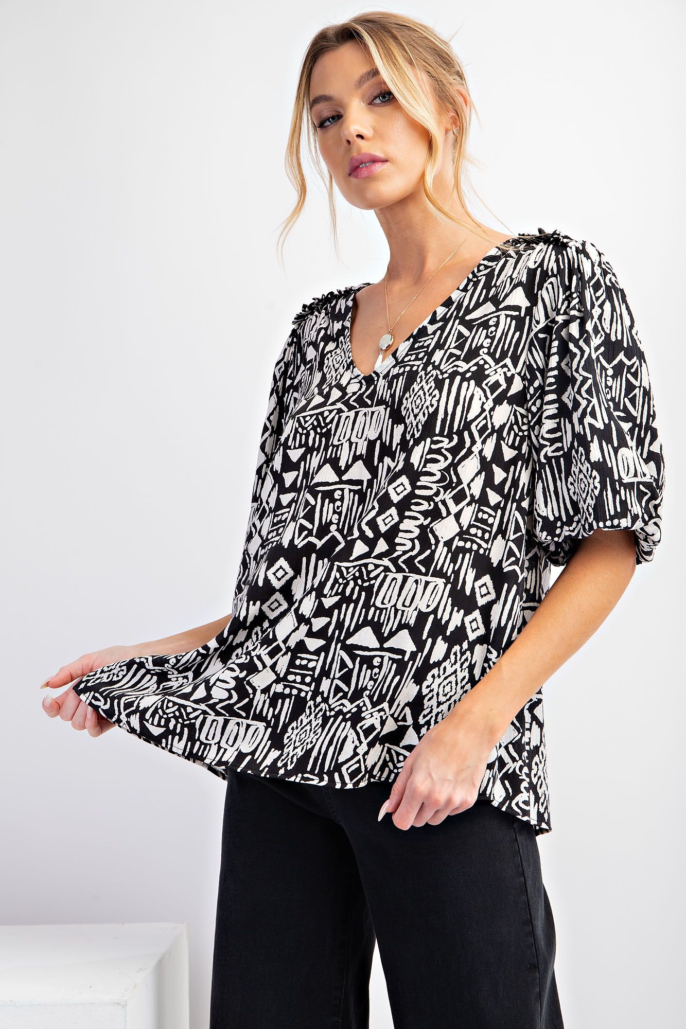 Easel Plus Ethnic Print Peach Blossom Babydoll V Neck Tops