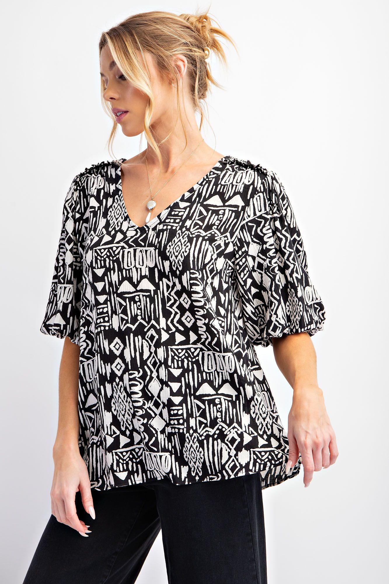 Easel Plus Ethnic Print Peach Blossom Babydoll V Neck Tops