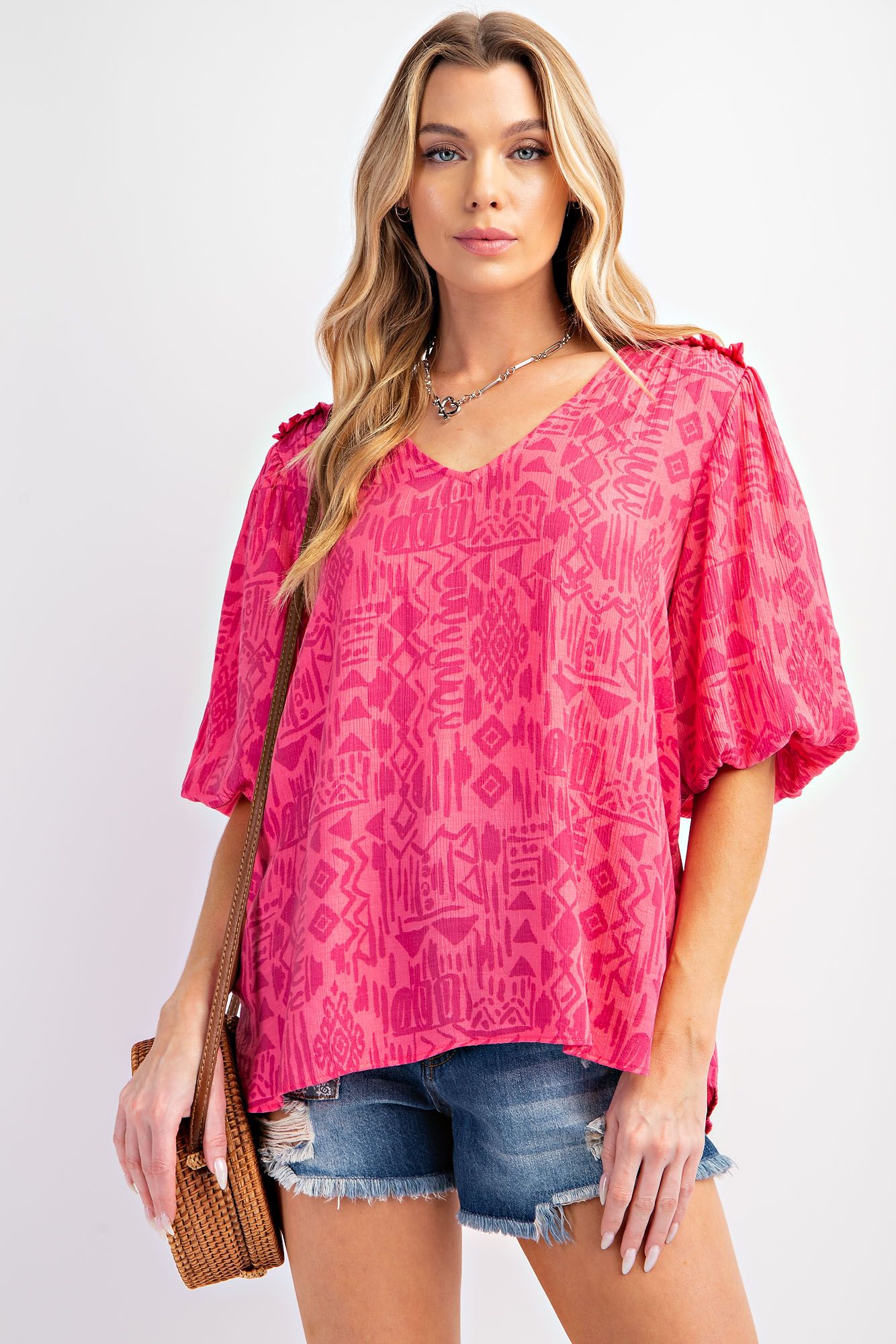 Easel Plus Ethnic Print Peach Blossom Babydoll V Neck Tops
