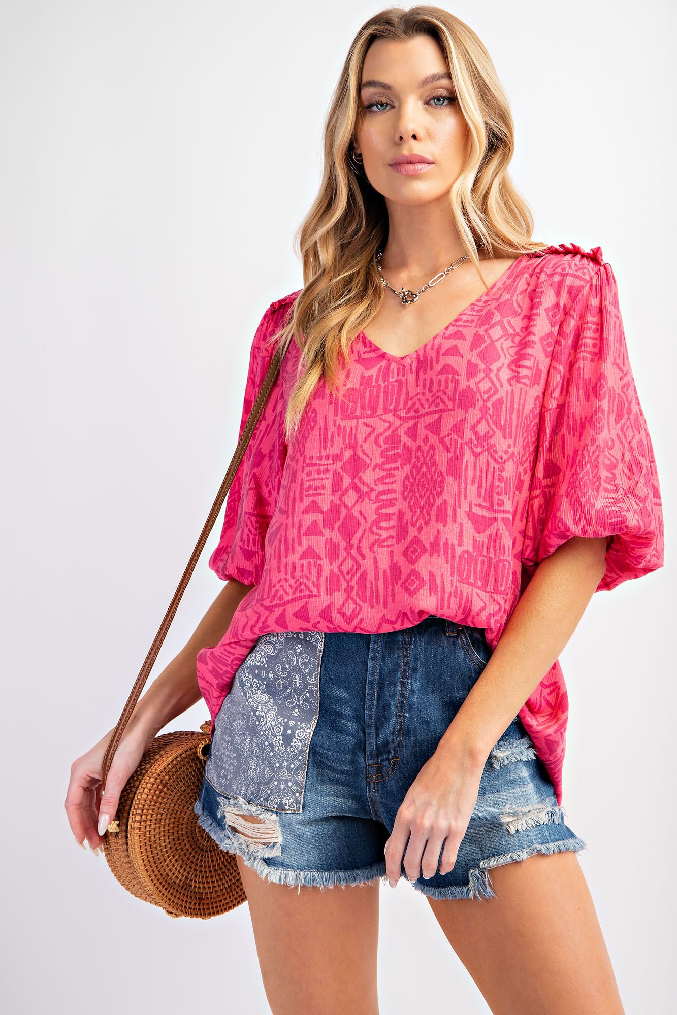 Easel Plus Ethnic Print Peach Blossom Babydoll V Neck Tops