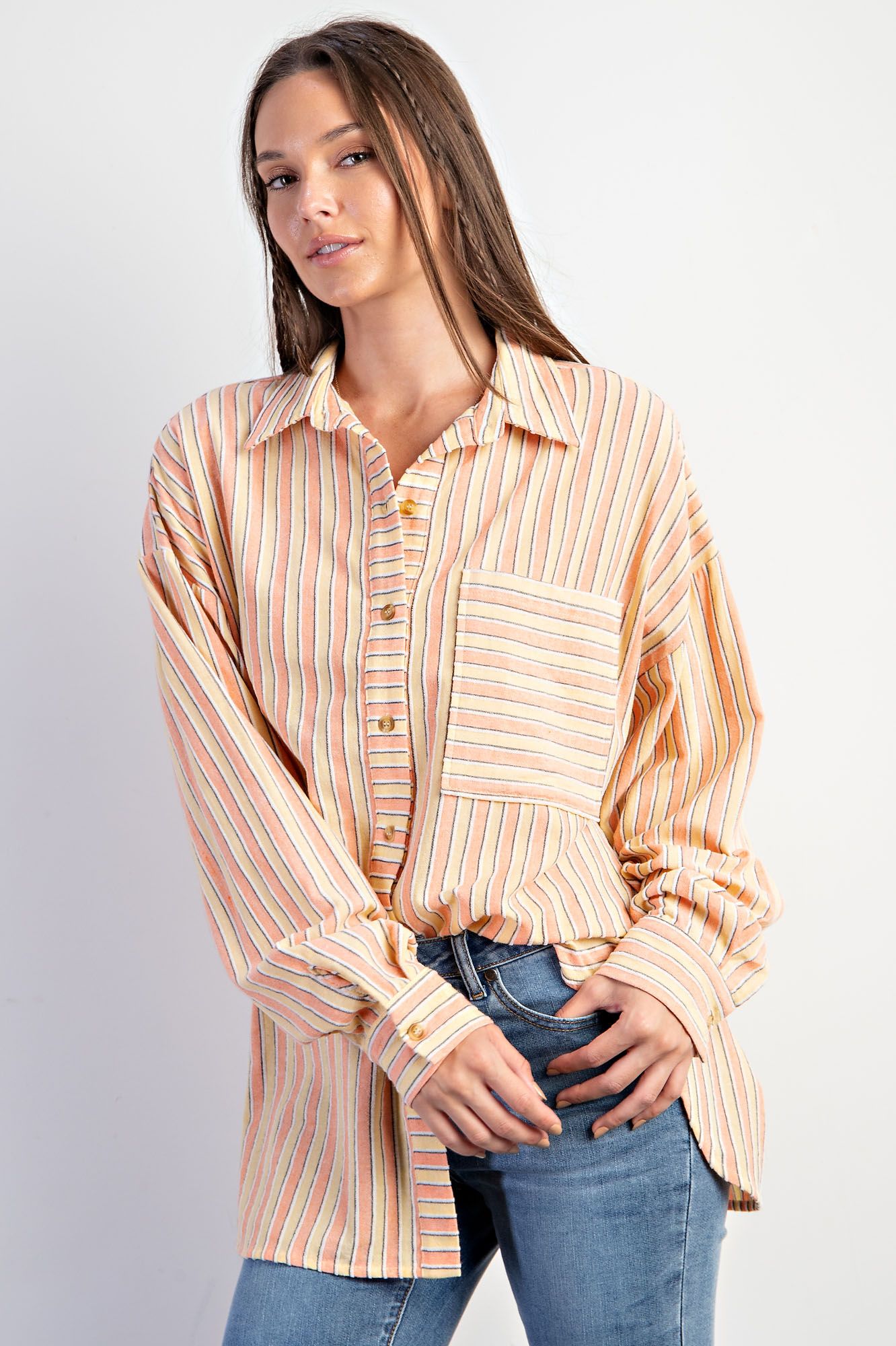 Easel Plus Stripe Button Down Soft Washed Shirt Tops