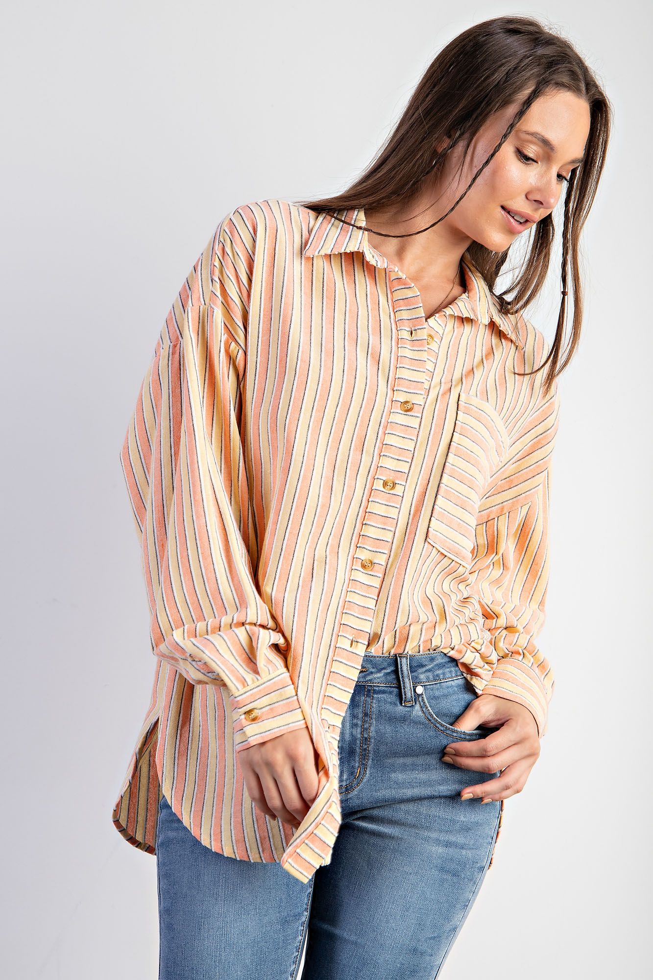 Easel Plus Stripe Button Down Soft Washed Shirt Tops