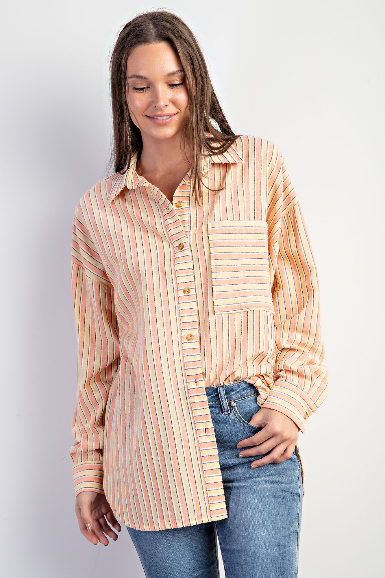 Easel Plus Stripe Button Down Soft Washed Shirt Tops