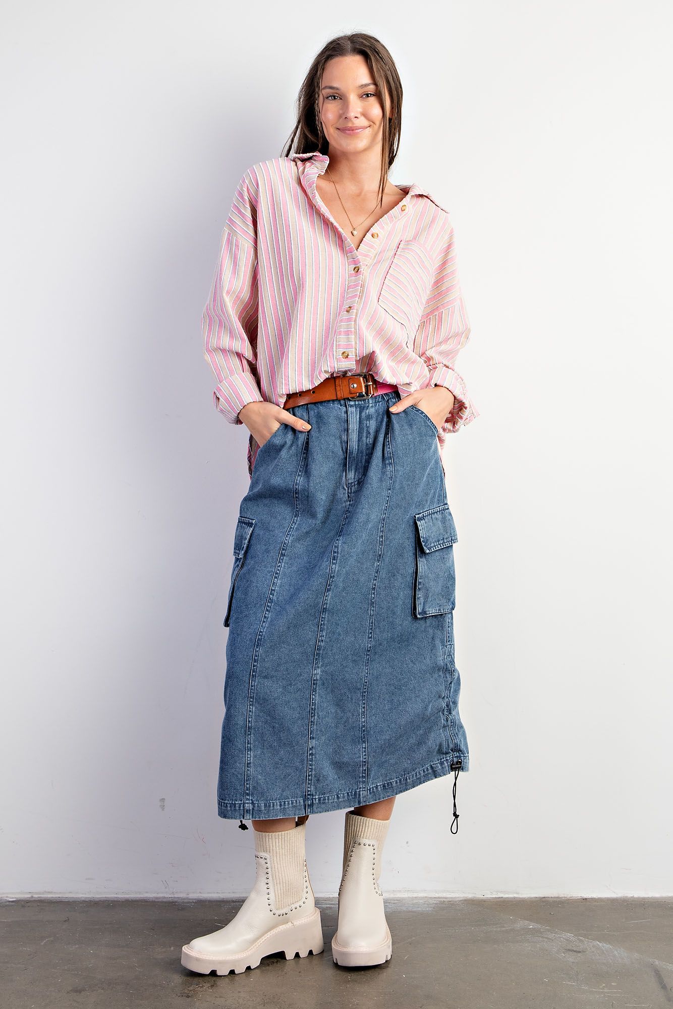Easel Plus Stripe Button Down Soft Washed Shirt Tops