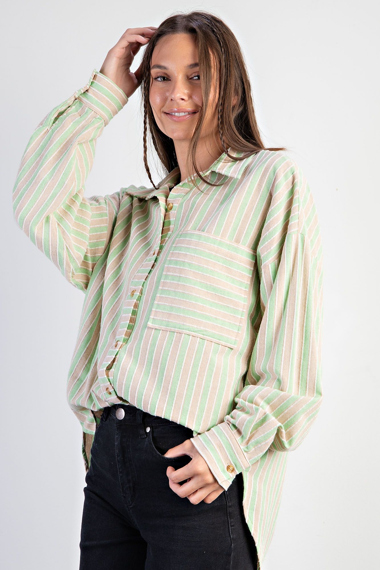 Easel Plus Stripe Button Down Soft Washed Shirt Tops