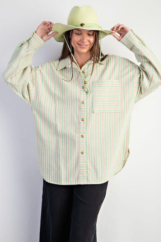 Easel Plus Stripe Button Down Soft Washed Shirt Tops