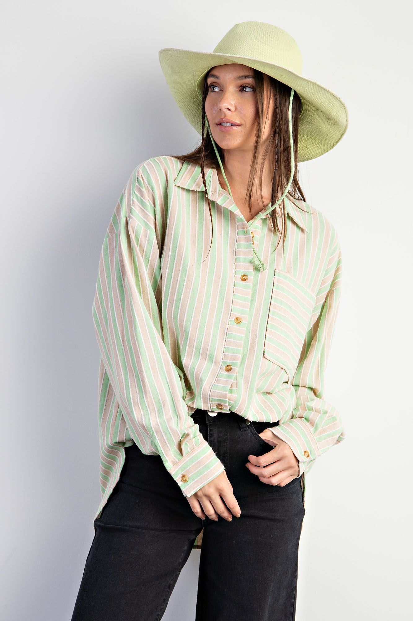 Easel Plus Stripe Button Down Soft Washed Shirt Tops