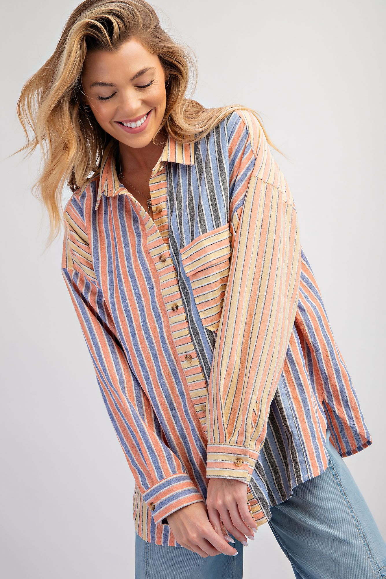 Easel Plus Soft Washed Color Mix Textured Striped Tops