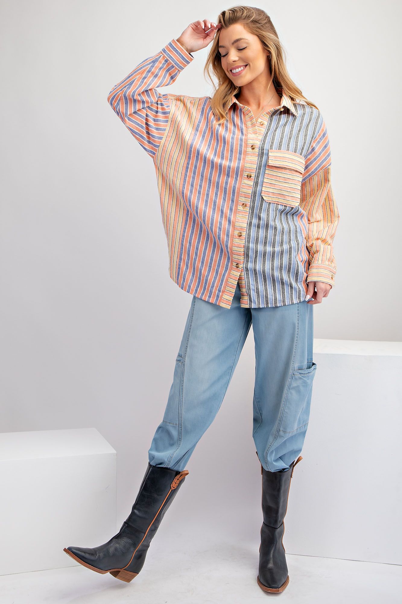 Easel Plus Soft Washed Color Mix Textured Striped Tops