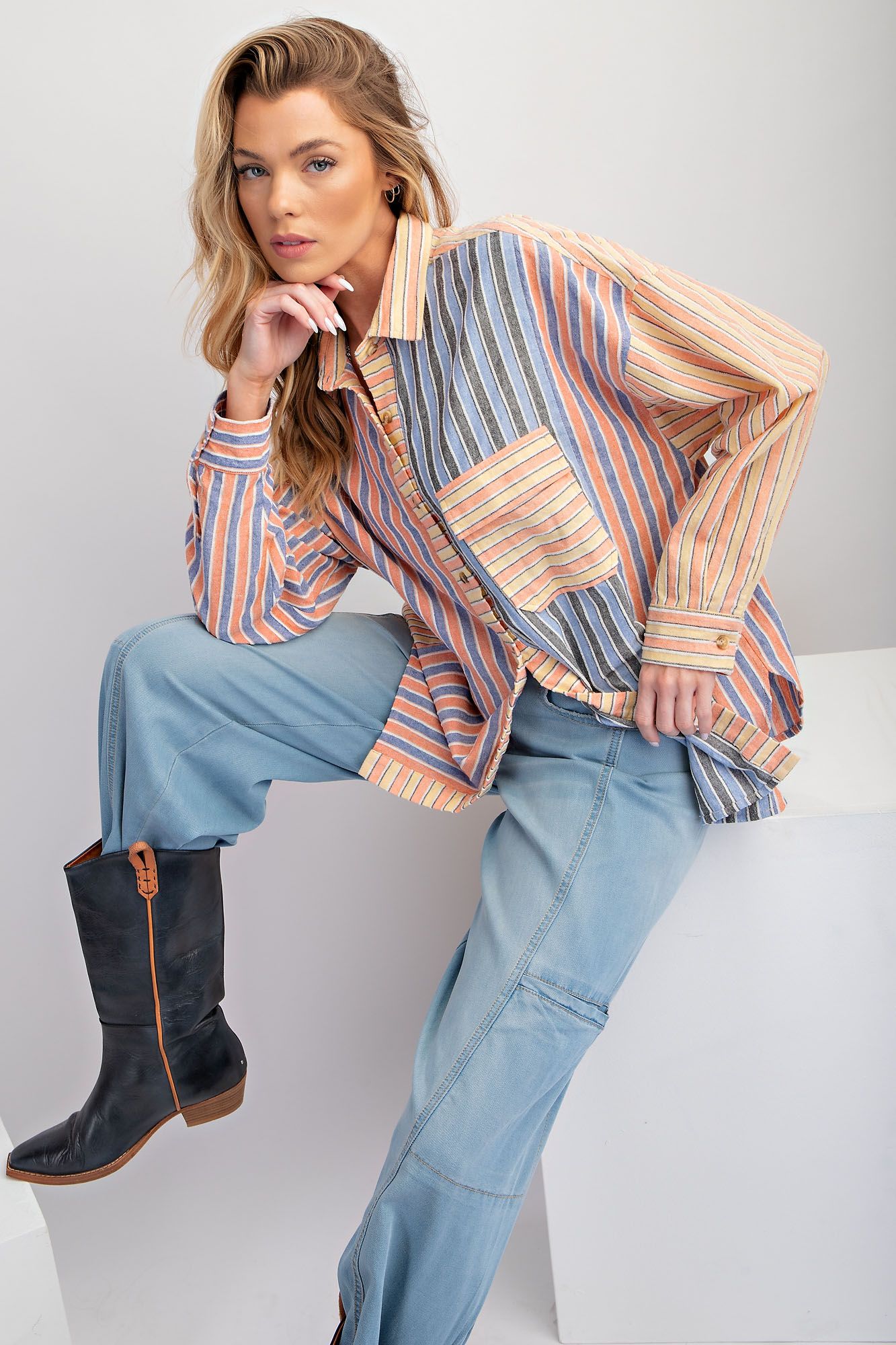 Easel Plus Soft Washed Color Mix Textured Striped Tops