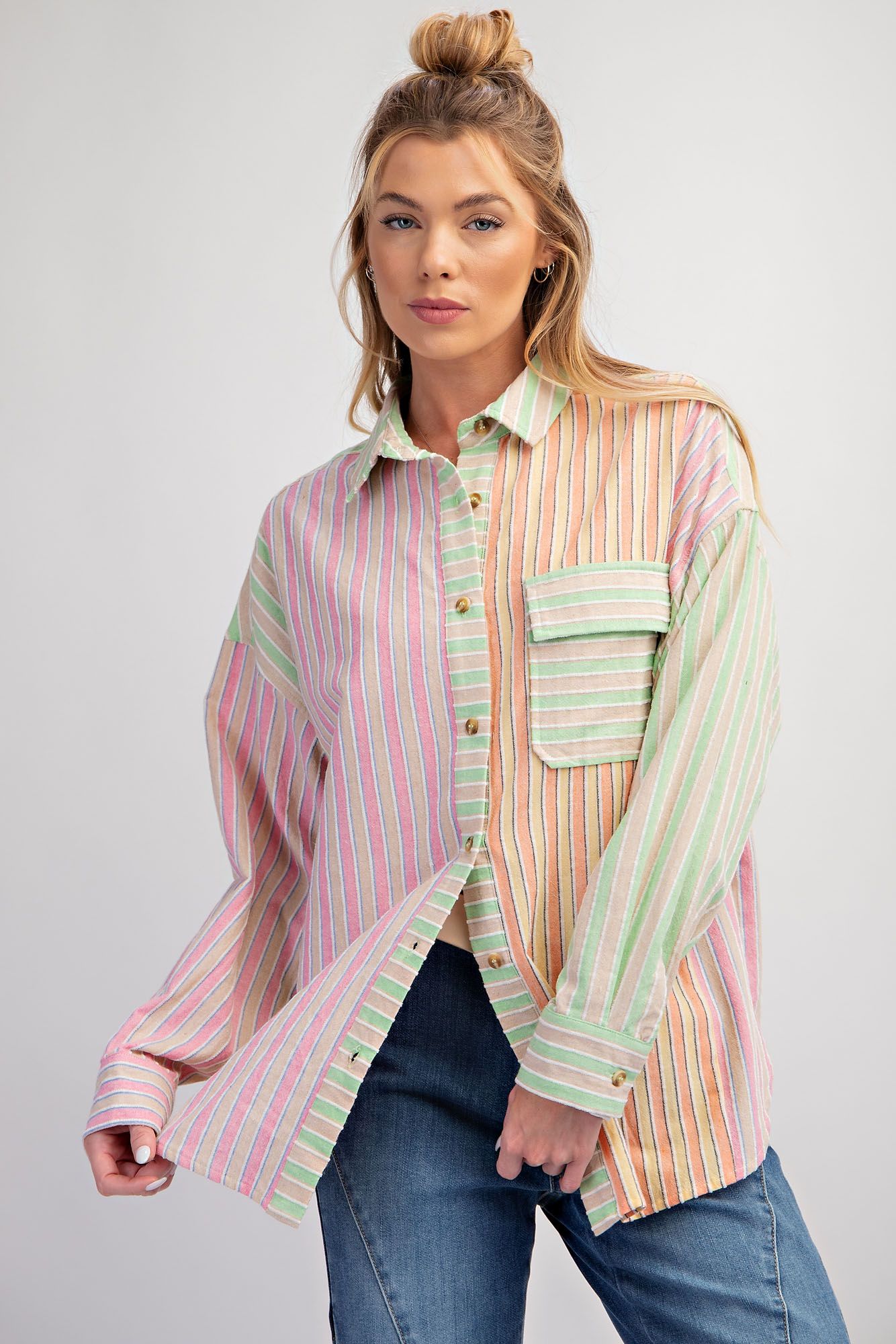 Easel Plus Soft Washed Color Mix Textured Striped Tops