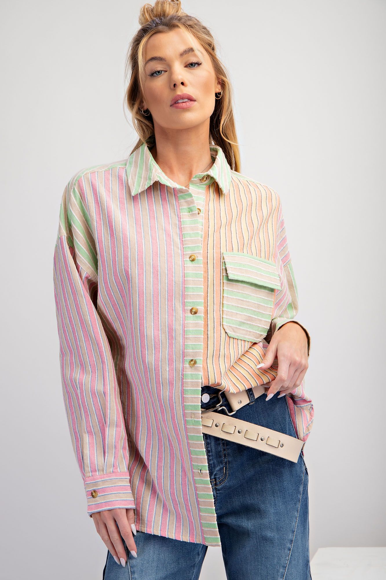 Easel Plus Soft Washed Color Mix Textured Striped Tops