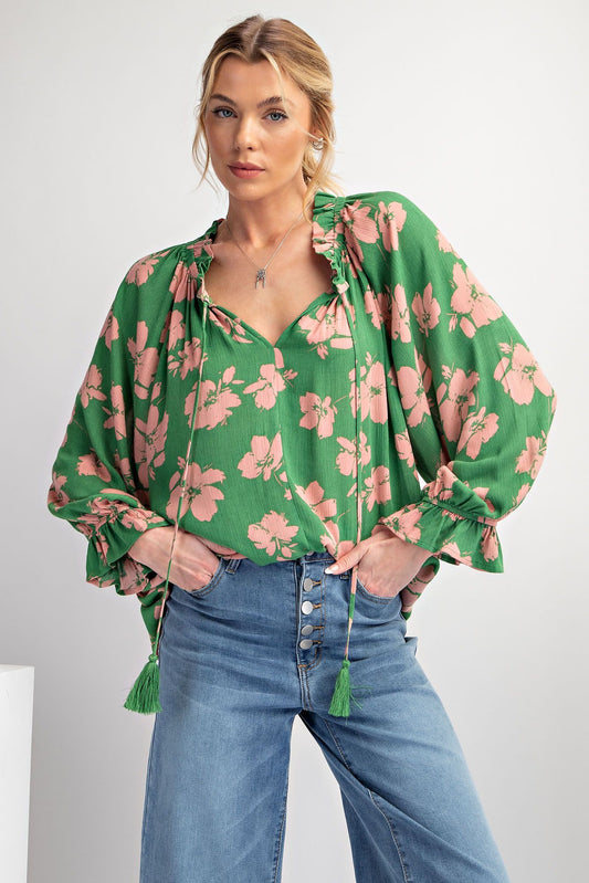 Easel Plus Flowy Three Four Sleeves Printed Rayon Gauze Tops