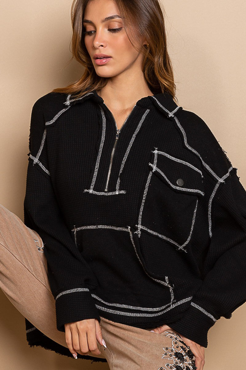 POL Collar Half Zipper Front Kangroo Pocket Knit Top